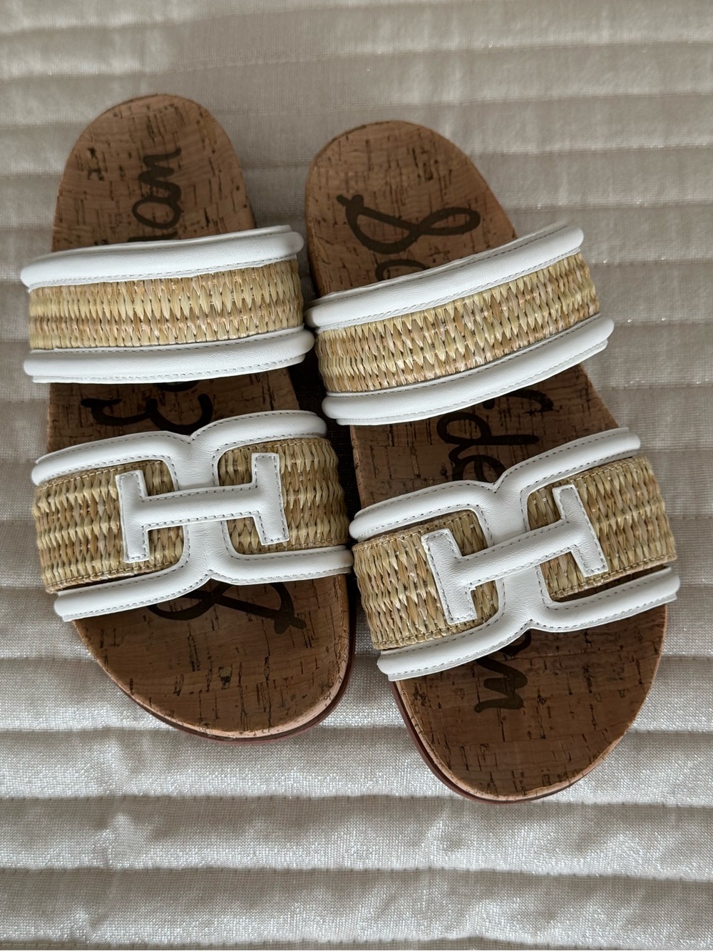 Sam Edelman White and Natural Raffia Double-Strap Slide Sandals, size 7.